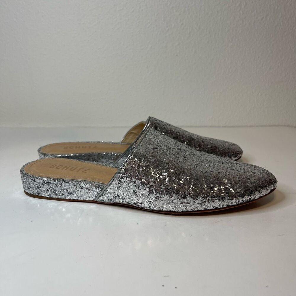 Schutz Sulenya Silver Glitter Mules Size 8